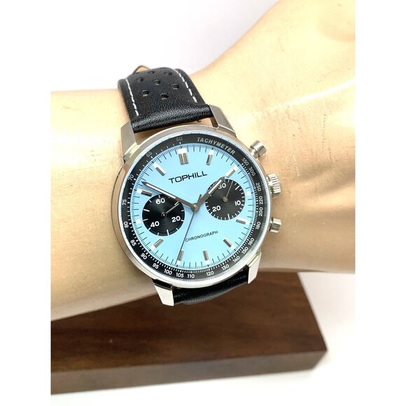Tophill Men's Watch Mechanical Chronograph Blue Dial Black Leather Band 40mm - Picture 11 of 14